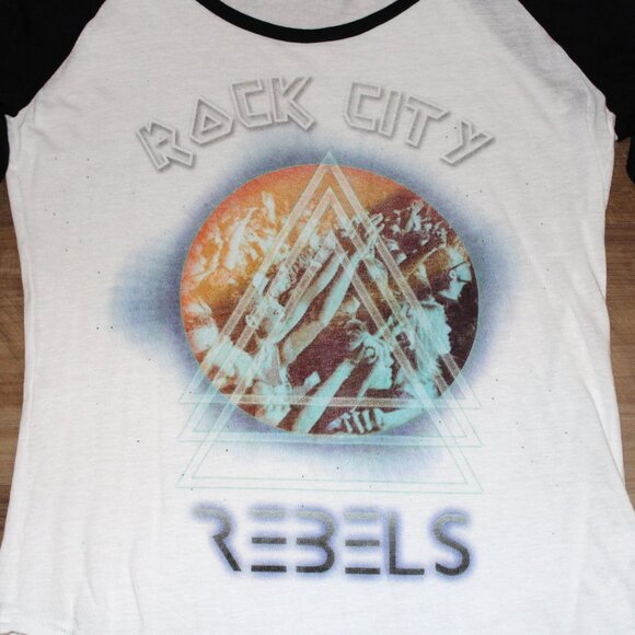 NEW! EXPRESS Sz SMALL Black & White Rock City Rebel Scoop Neck Raglan Tee Top - Picture 5 of 12